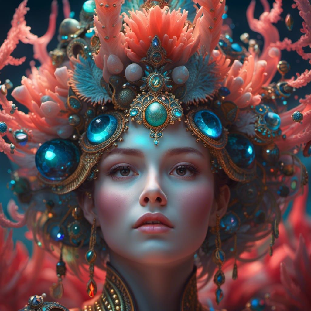 Bioluminescent Coral Goddess Portrait, Detailed Fantasy Art