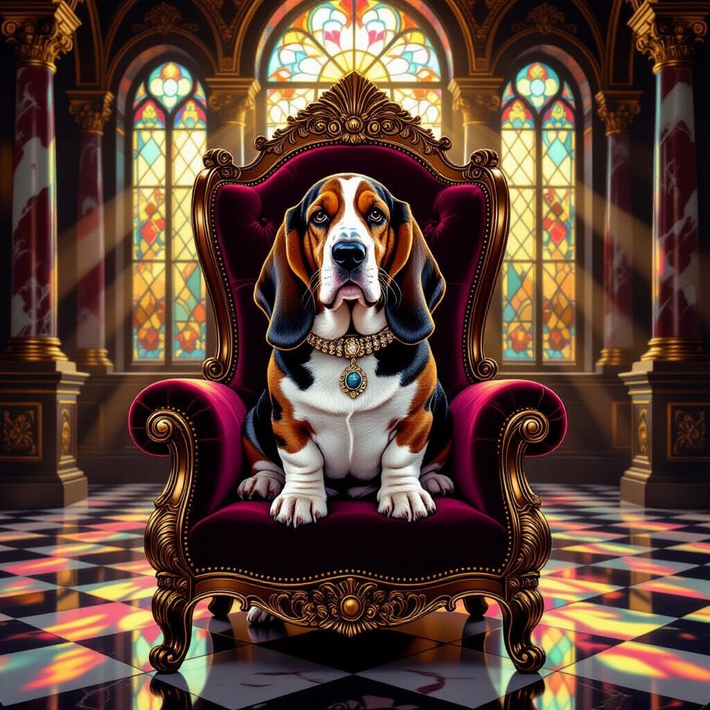 Basset Hound on Throne in Grand Ballroom - Baroque Painting ...