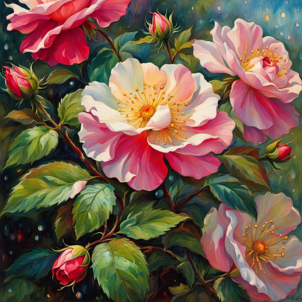 Wild Roses with Dewdrops in Anime Style