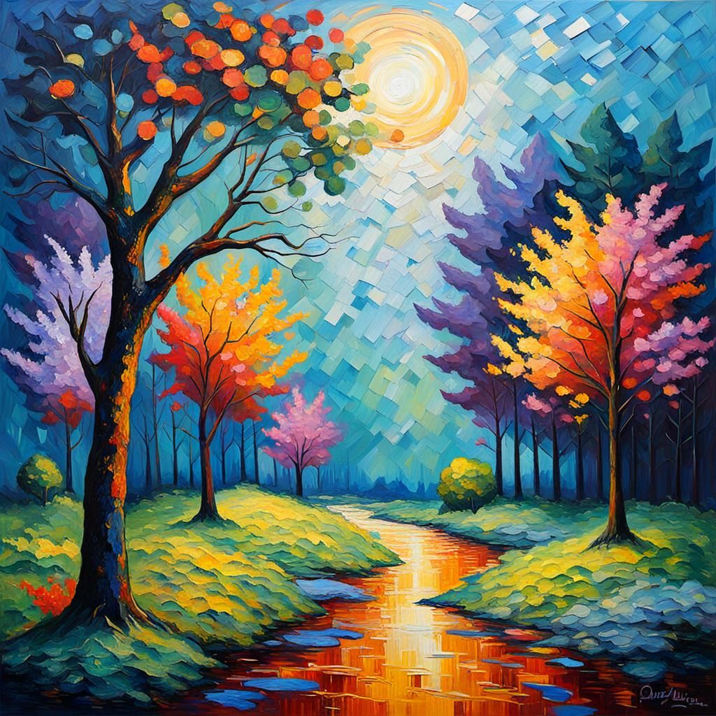 Colorful Expressionist Painting in Neo-Impressionism Style