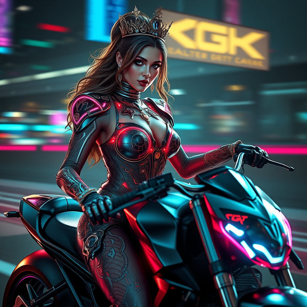 Cyberpunk Queen on Futuristic Motorcycle