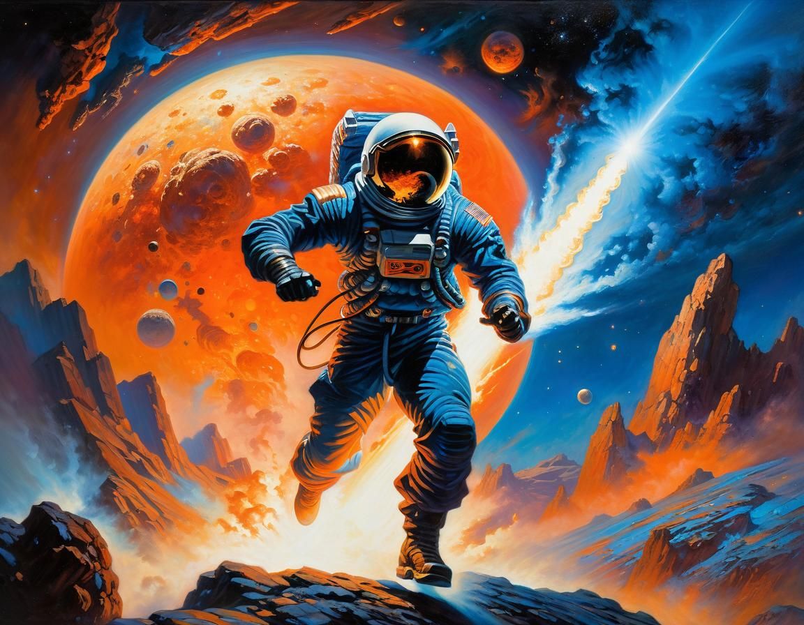 Asteroid Runner in Frazetta-Inspired Oil Painting