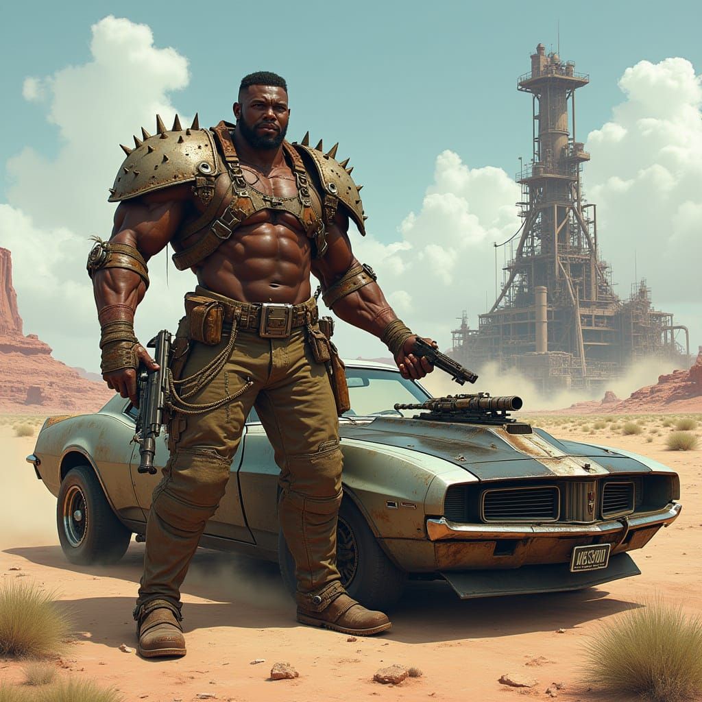 Muscular Post-Apocalyptic Warrior Stands Beside Armored Musc...