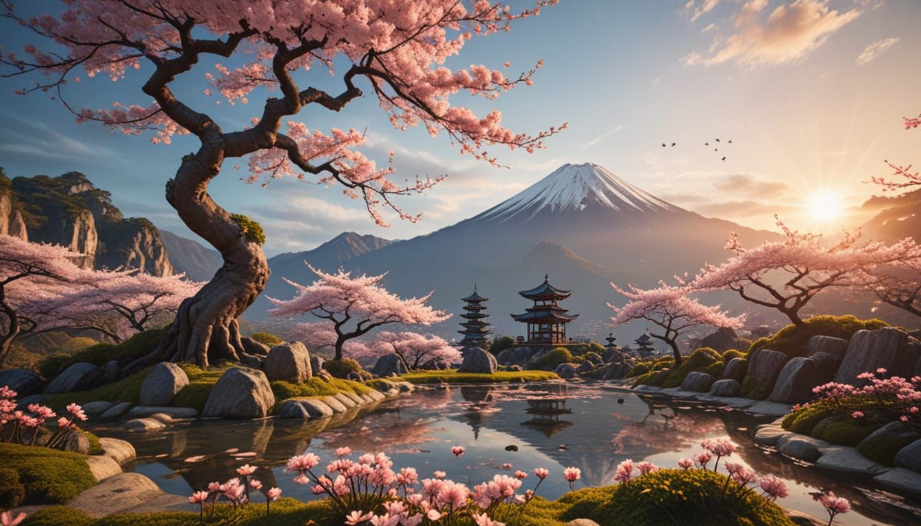 Surreal Medieval Japanese Zen Garden at Sunset