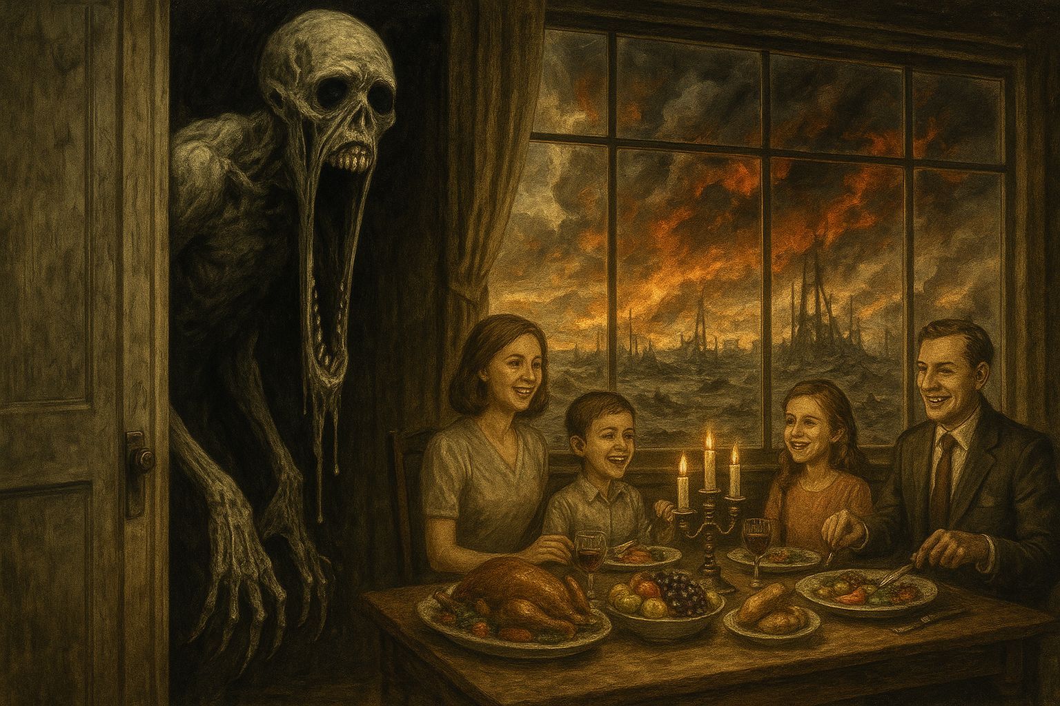 Terrifying Monster Observes Fake Family Dinner