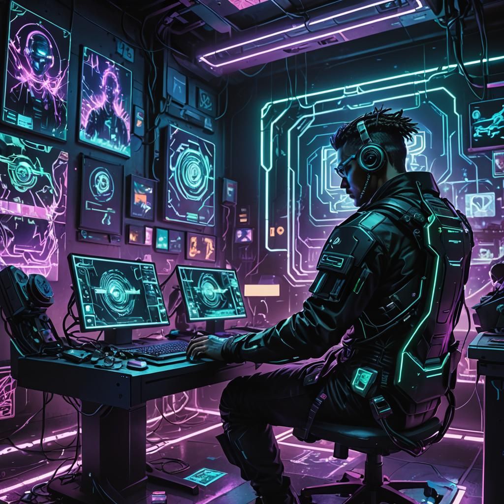 Cyberpunk Gamer Surrounded by Neon in a Digital World