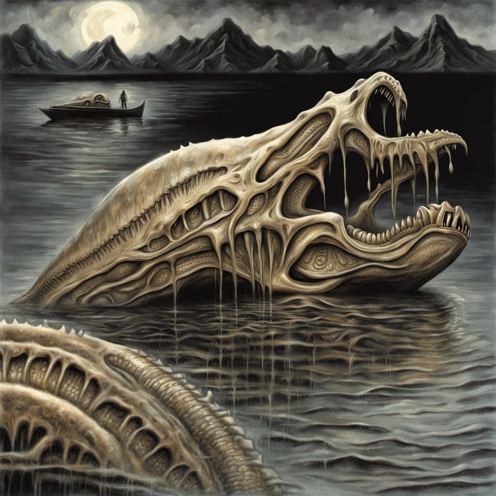 Melancholic Xenomorph Crying by a Dark Lake
