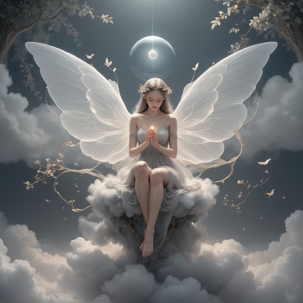 Ethereal Figure with Luminous Orb in Surreal Landscape