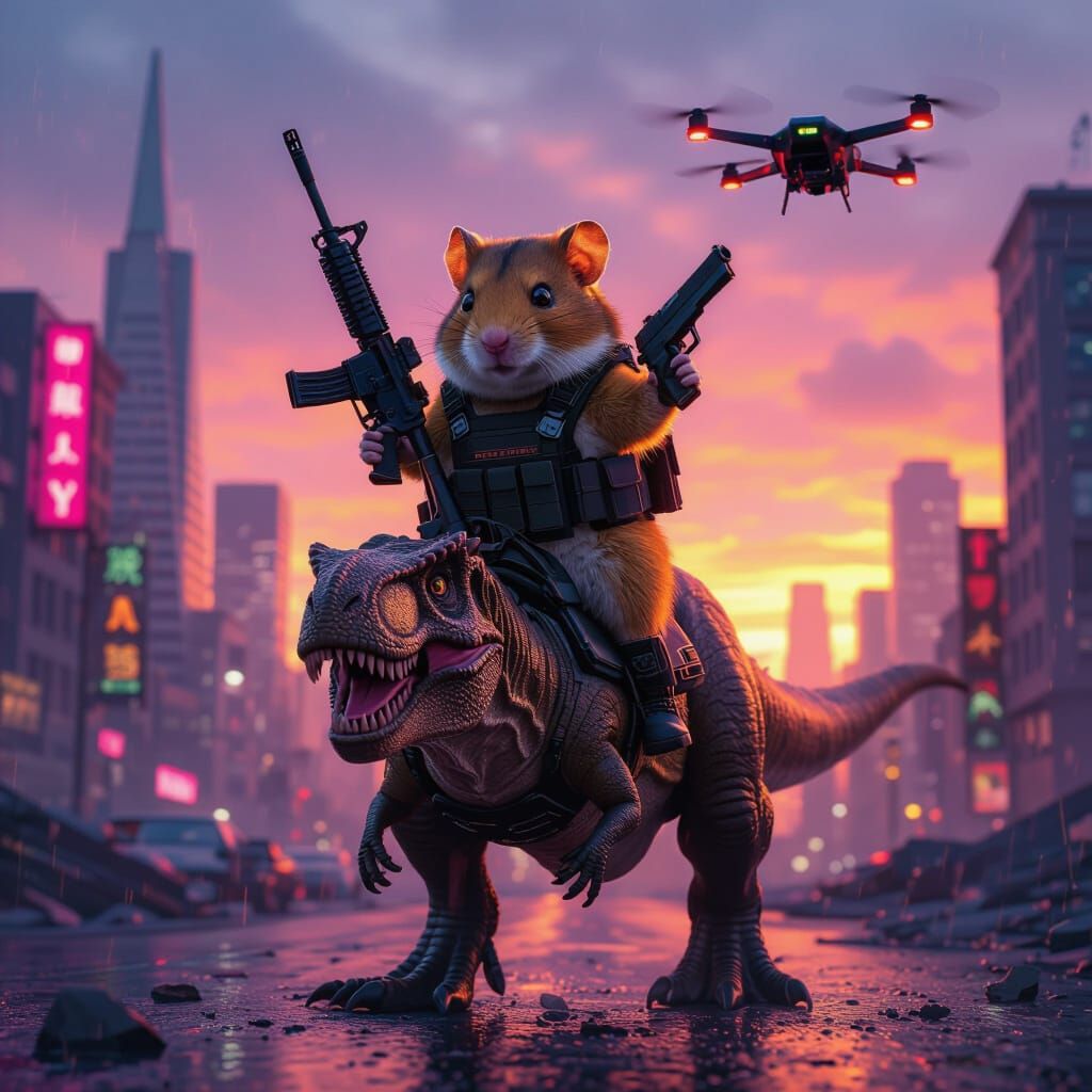 Hamster Warrior Rides Dinosaur Through Dystopian San Francis...
