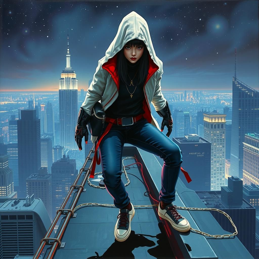 Cyberpunk Robotic Woman Parkours Across Futuristic Rooftop