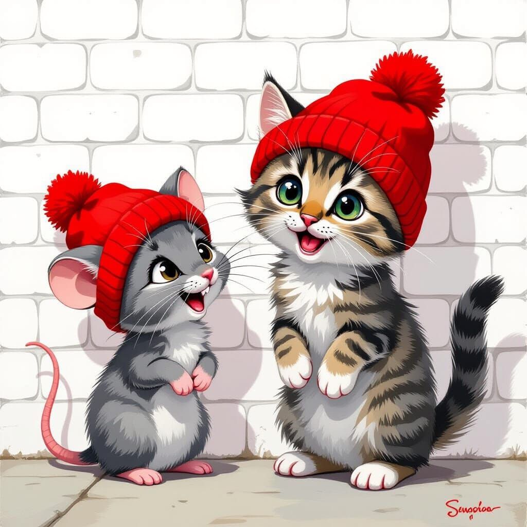 Whimsical Kitten and Mouse Illustration in Quentin Blake Sty...