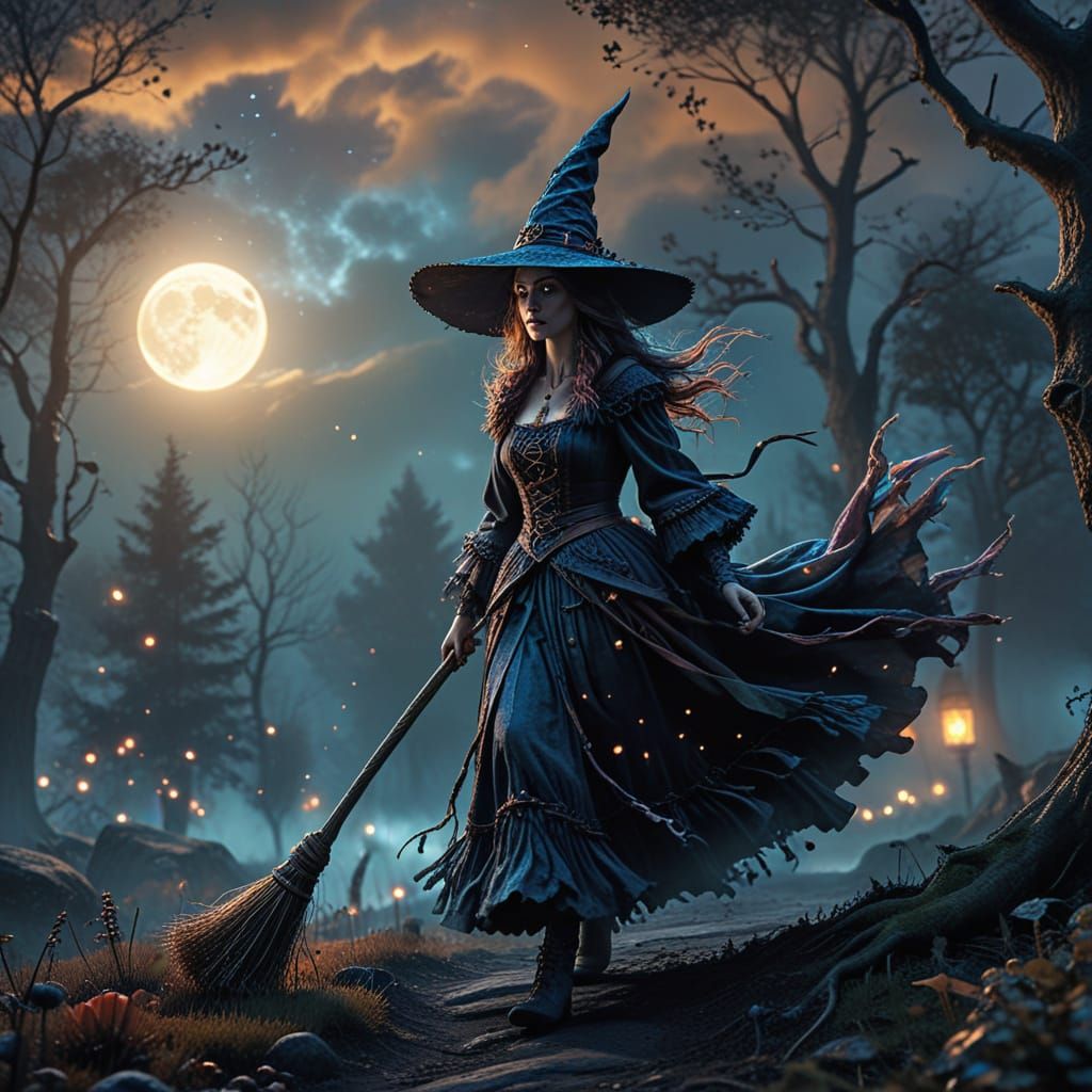 Fantasy Witch Rides Broomstick Under Vibrant Full Moon