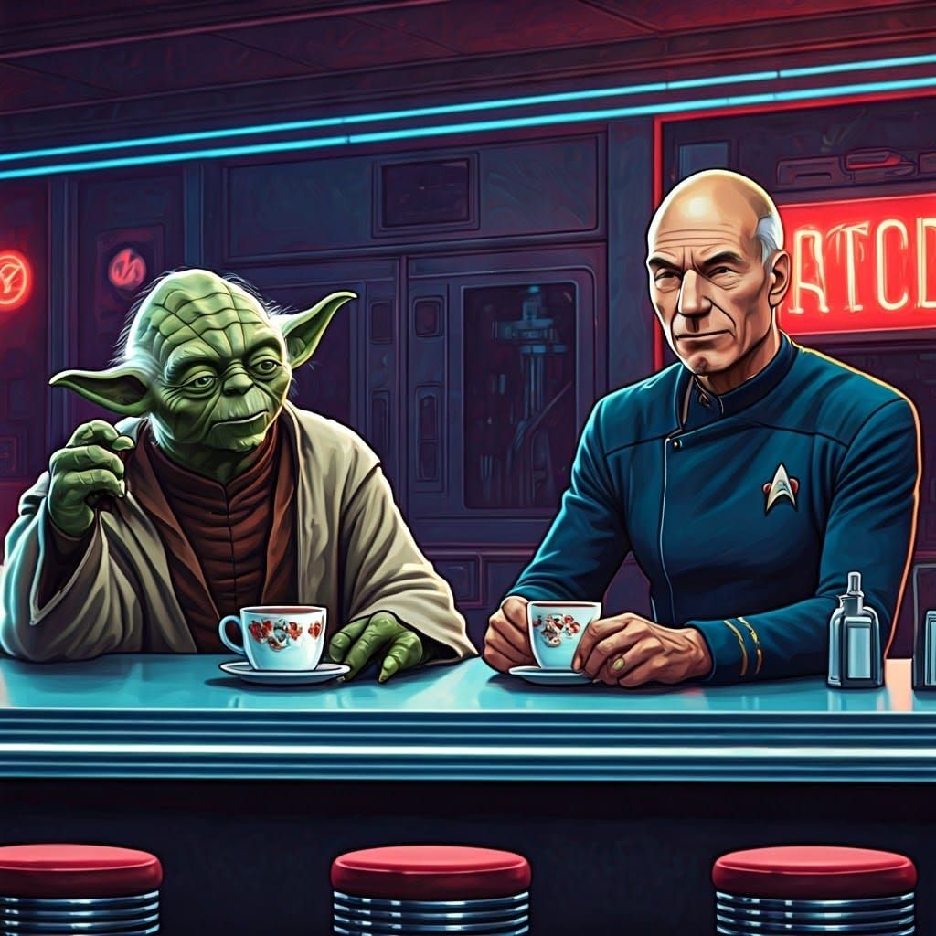 Picard and Yoda at a Retro Diner