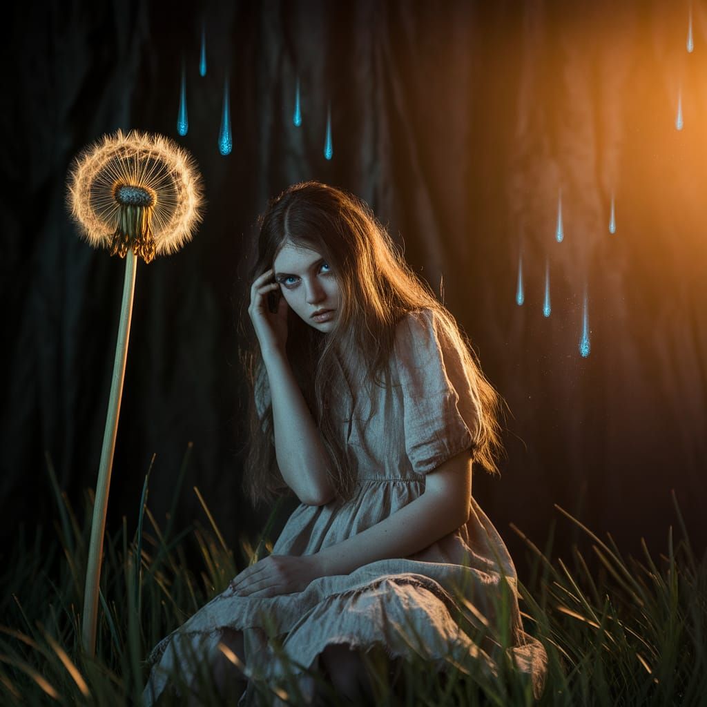 Ethereal Fairy on Dandelion in Chiaroscuro Style
