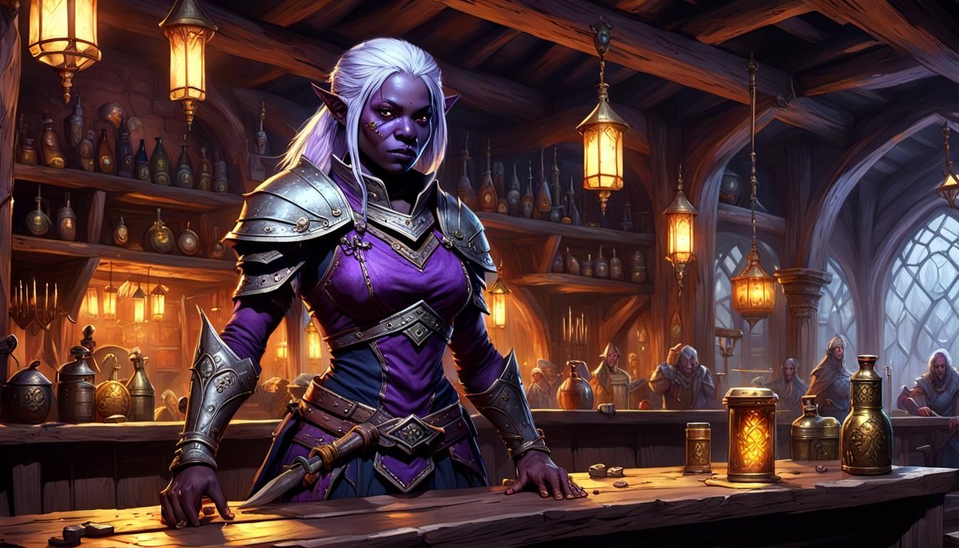 Drow Warrior in Tavern, Dark Fantasy Concept Art