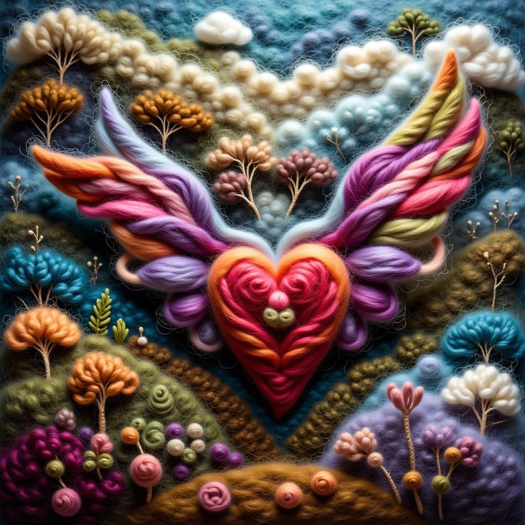 Felted Wool Hearts with Wings in 3D Fiber Art