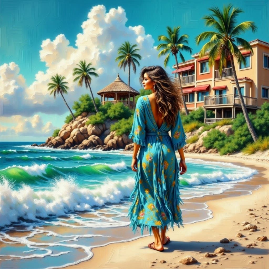 Woman Walks on Tropical Beach
