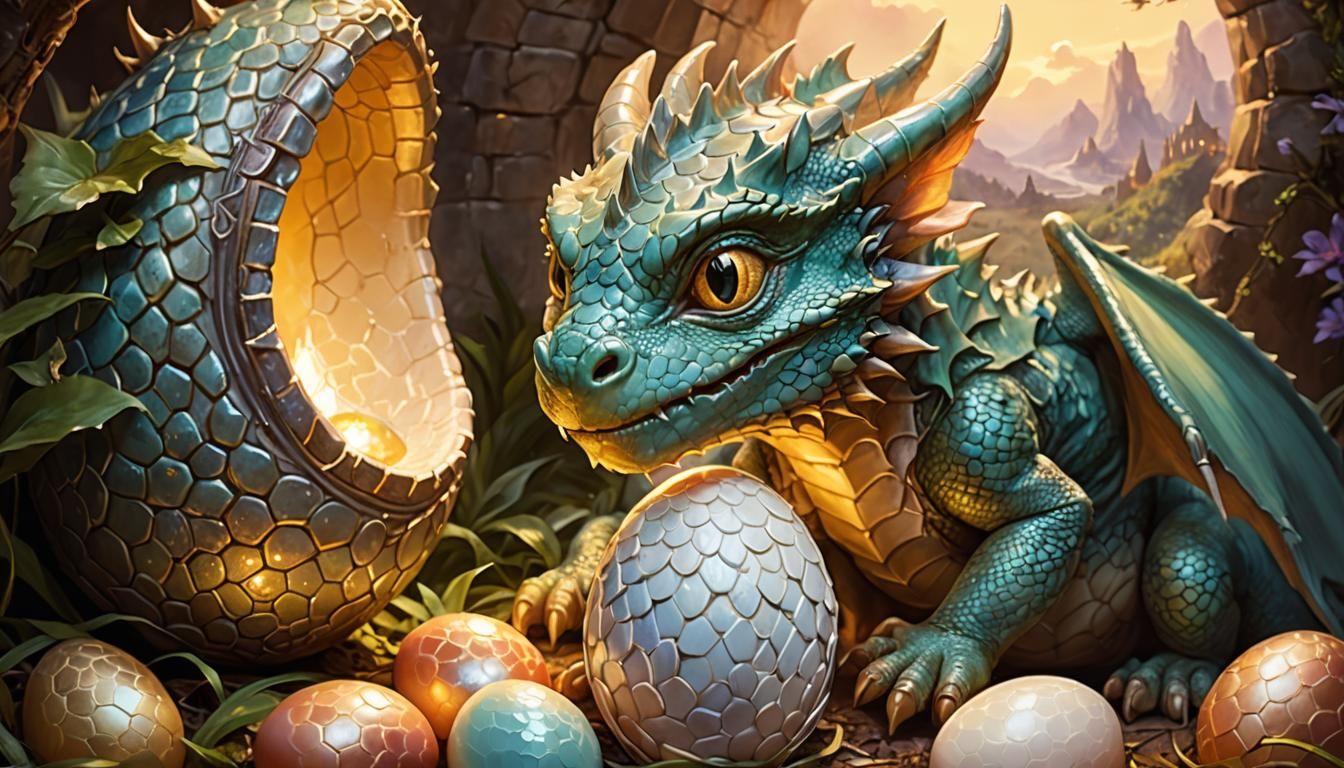 Baby Dragon Listens to Dragon Egg: Whimsical Illustration