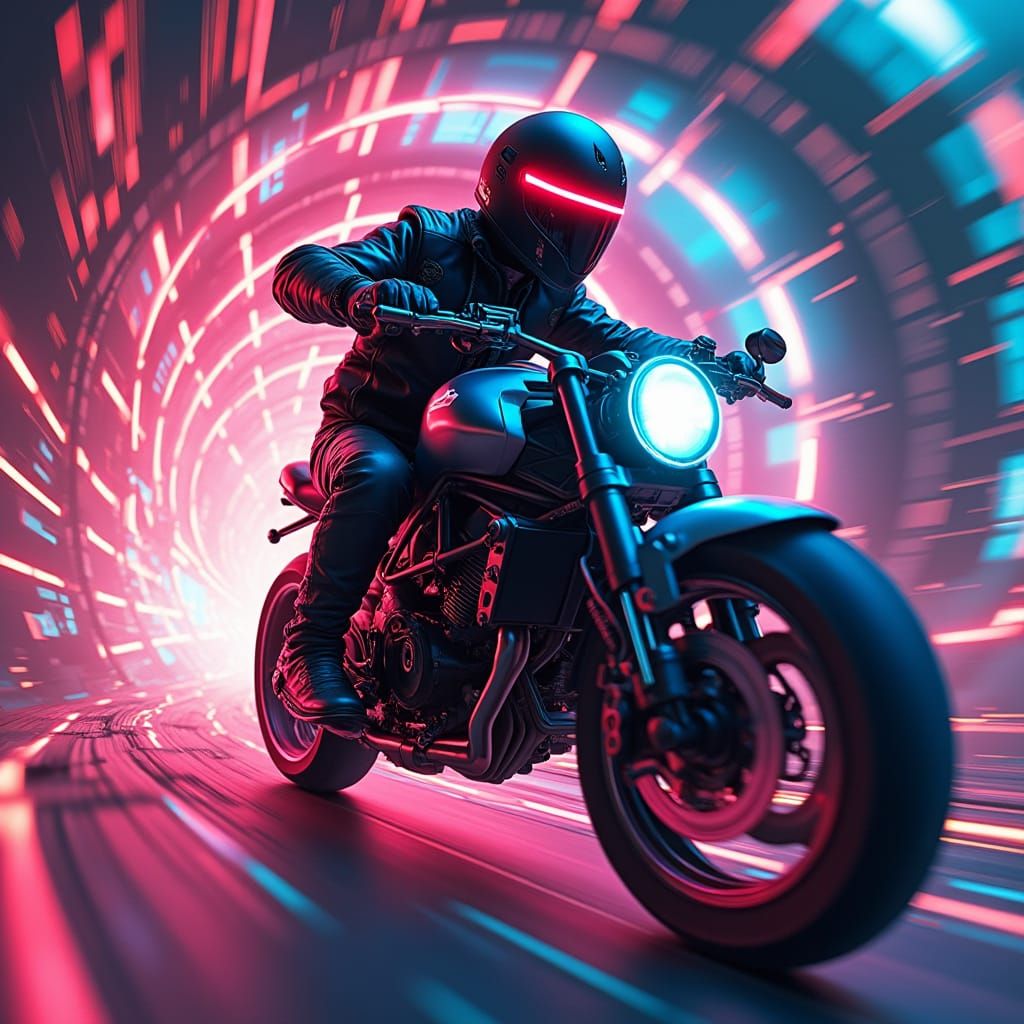 Futuristic Biker Speeds Through Time in Synthwave Style