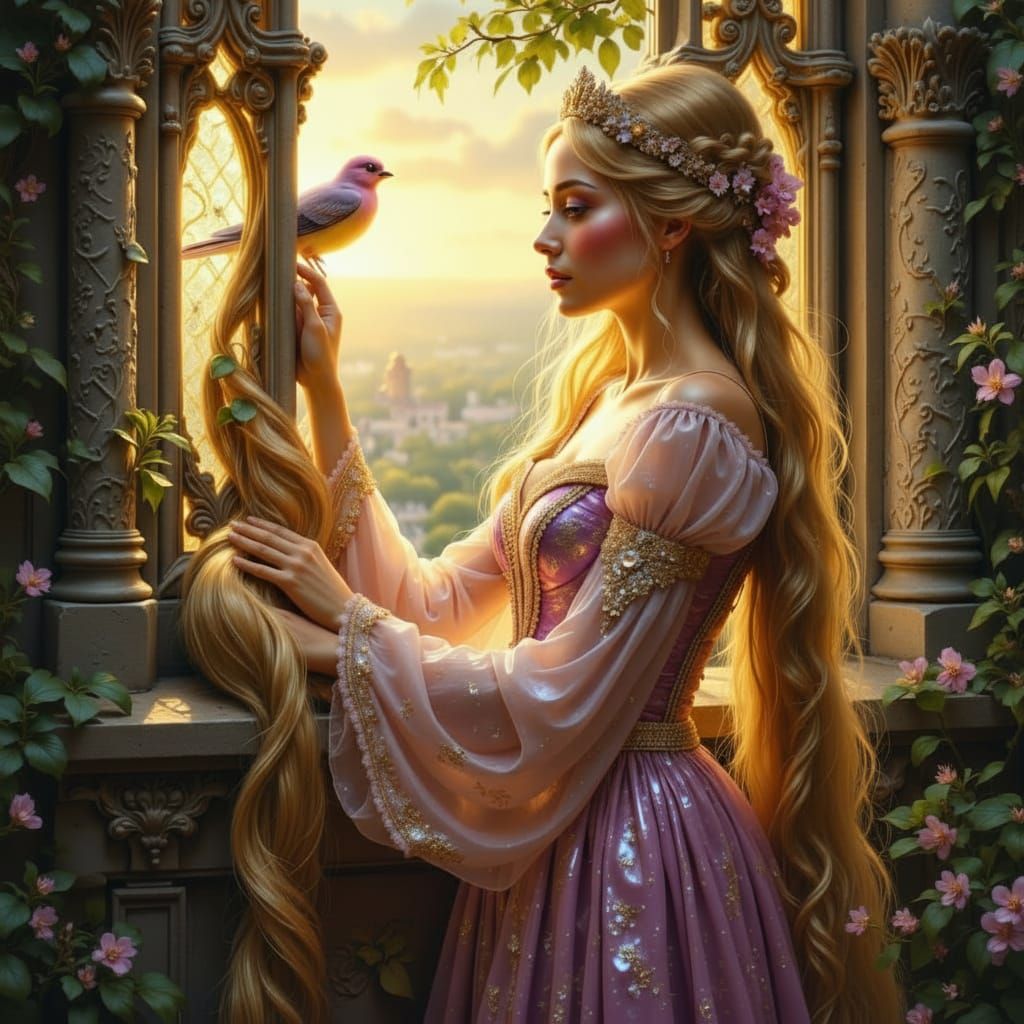 Rapunzel Leaning From Tower Window Speaking to Bird