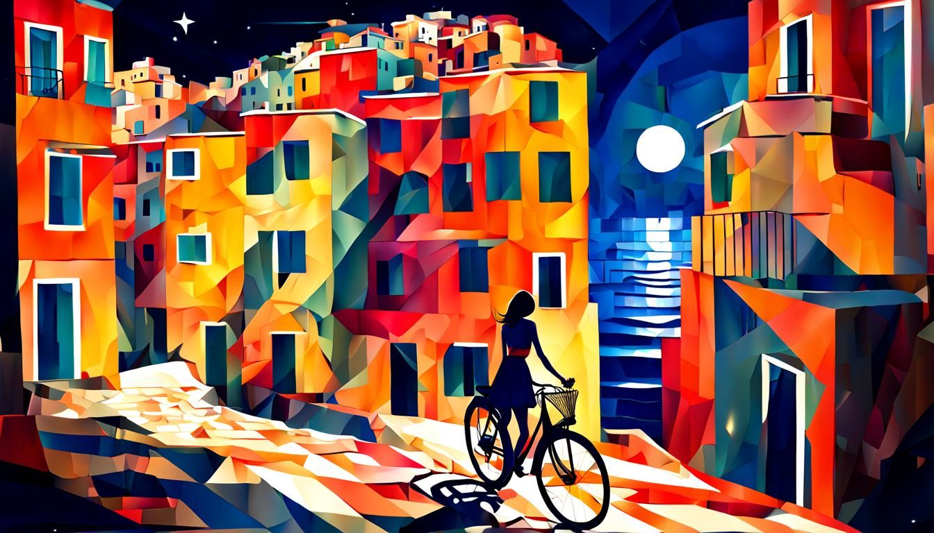 Woman Cycling in Cinque Terre: Cubist Art Deco