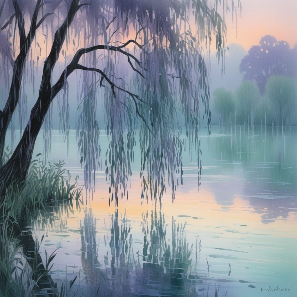 Misty Lakeside Dawn in Watercolor Style