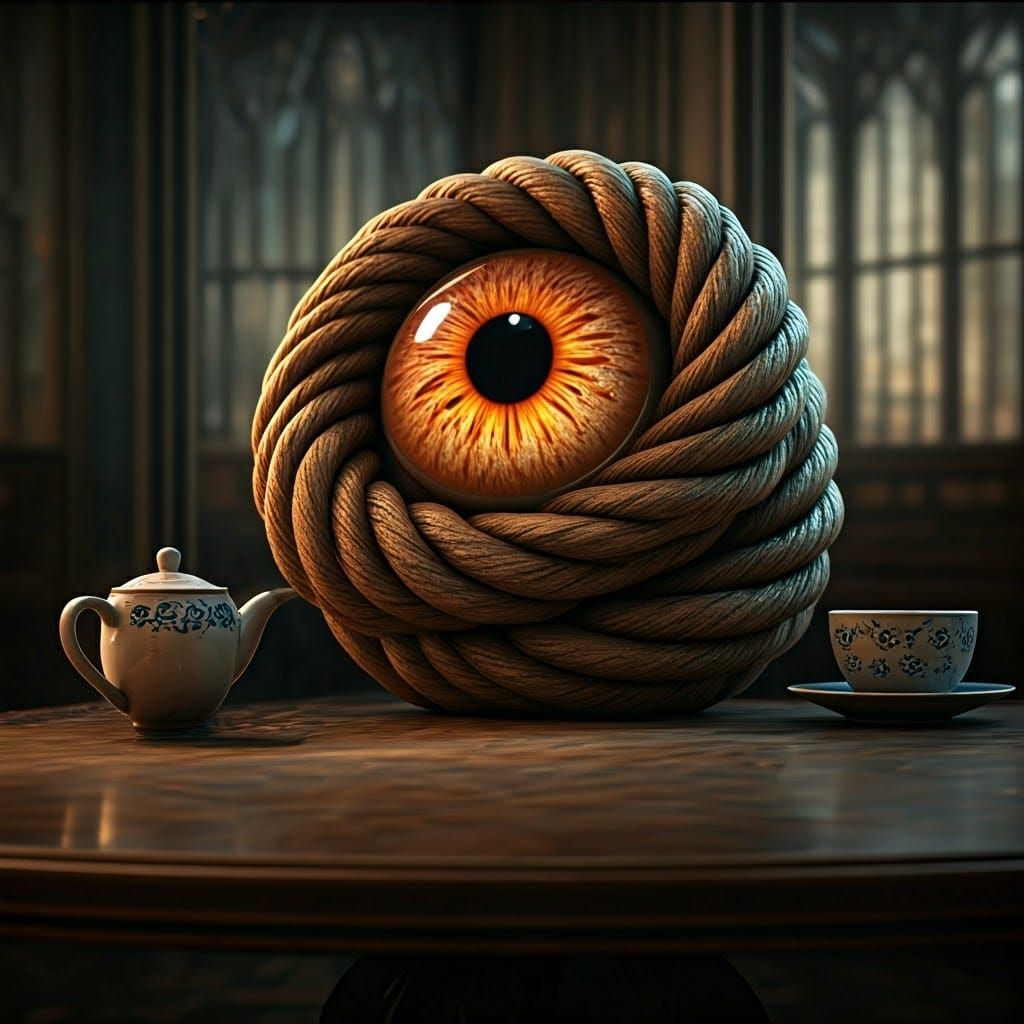 Hyper-Realistic 3D Knot Rope Eye in Cafe