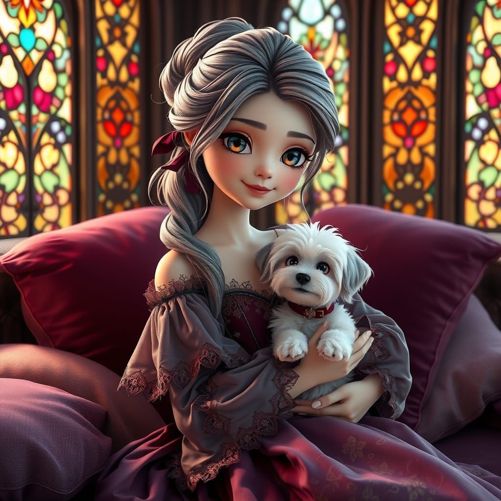 Gothic Princess with Dog in Cozy, Dreamy 3D Illustration