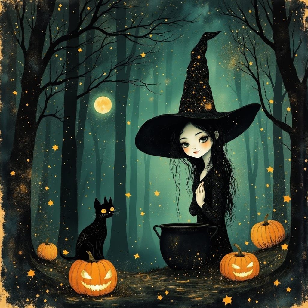 Halloween Pumpkin Witches in Ethereal Forest Mist