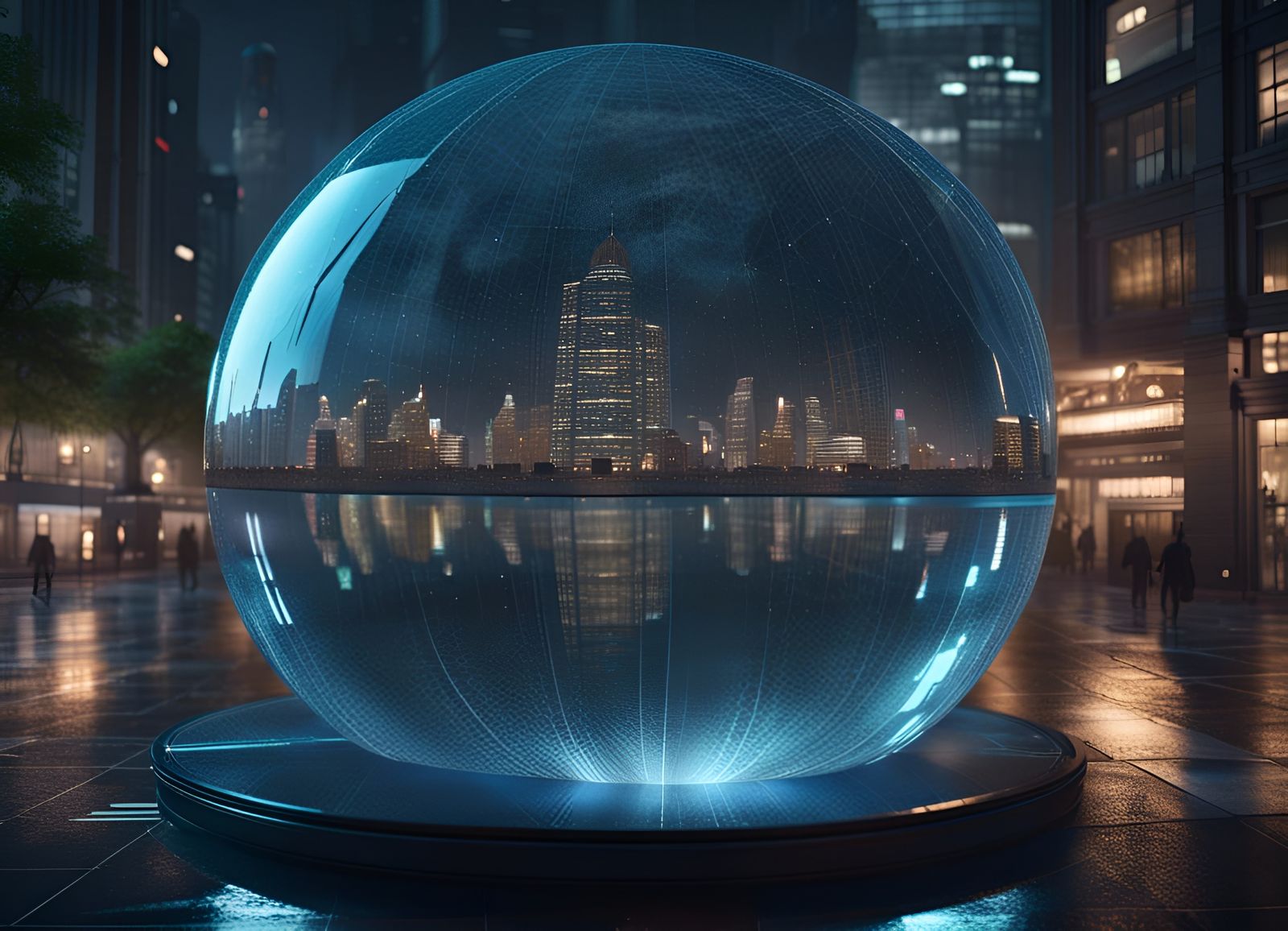 Giant Glass Sphere Reflecting City at Night