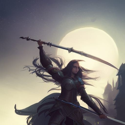 Female Knight in Armor Under Starlit Sky