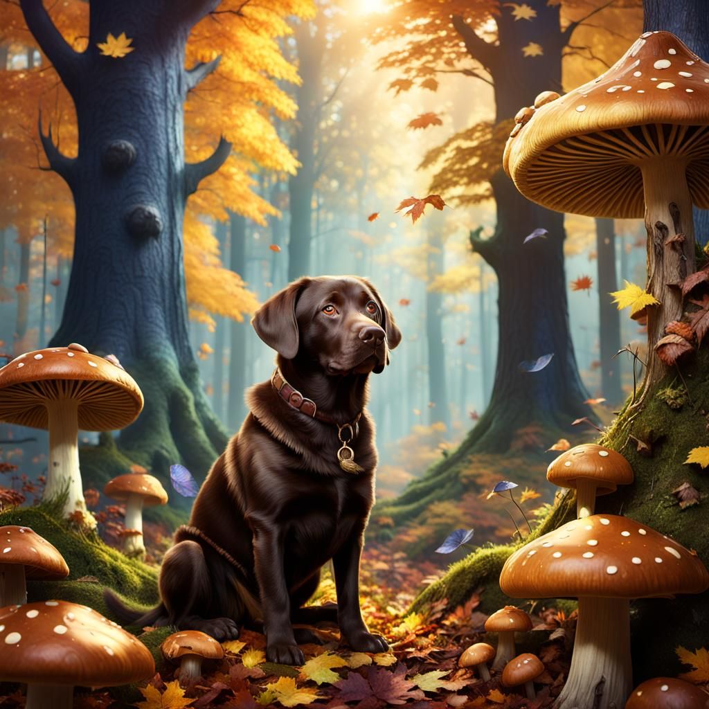 Whimsical Chocolate Lab Reigns Over Fantasy Forest Throne