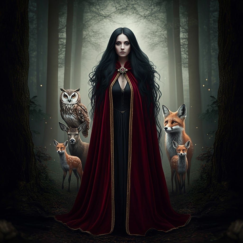 Witch Emerges from Enchanted Forest in Opulent Red Cloak