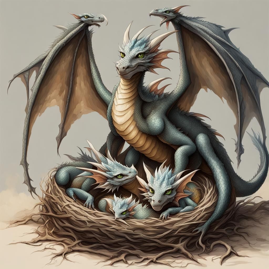 Detailed Dragons: Mother and Young in Mountain Nest