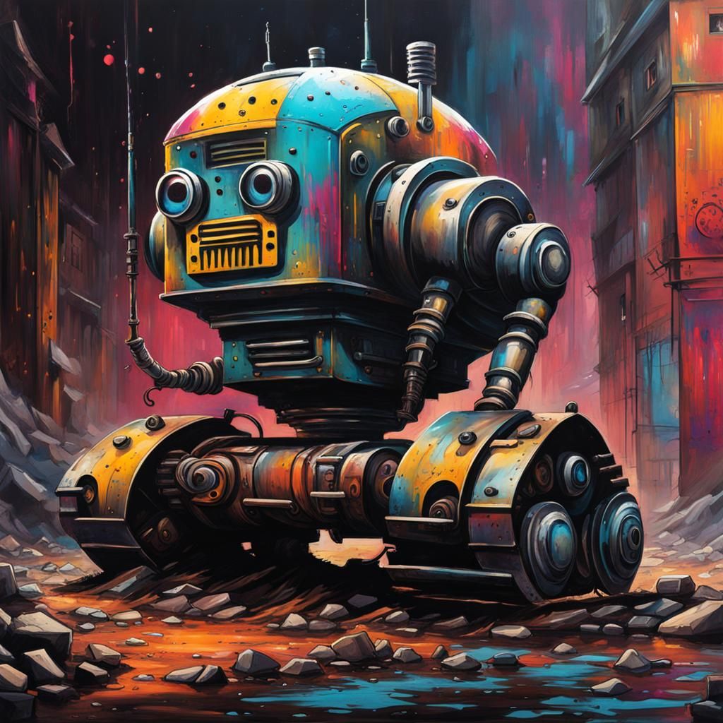Sad Robot in Apocalyptic Dieselpunk Graffiti Art