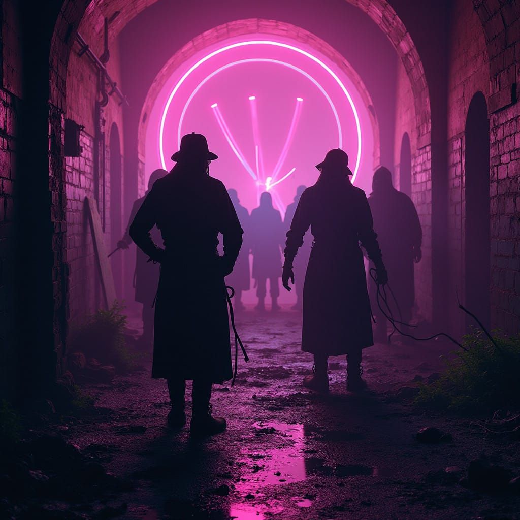 Druids in Neon-Lit Bunker Dance to Techno Under Dark Shadows