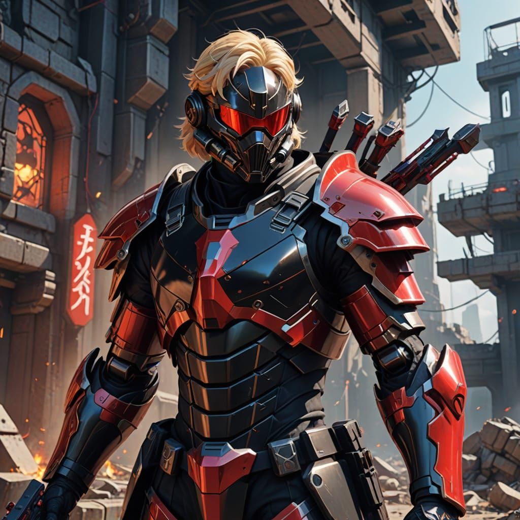 Futuristic Warrior in Black and Red Armor