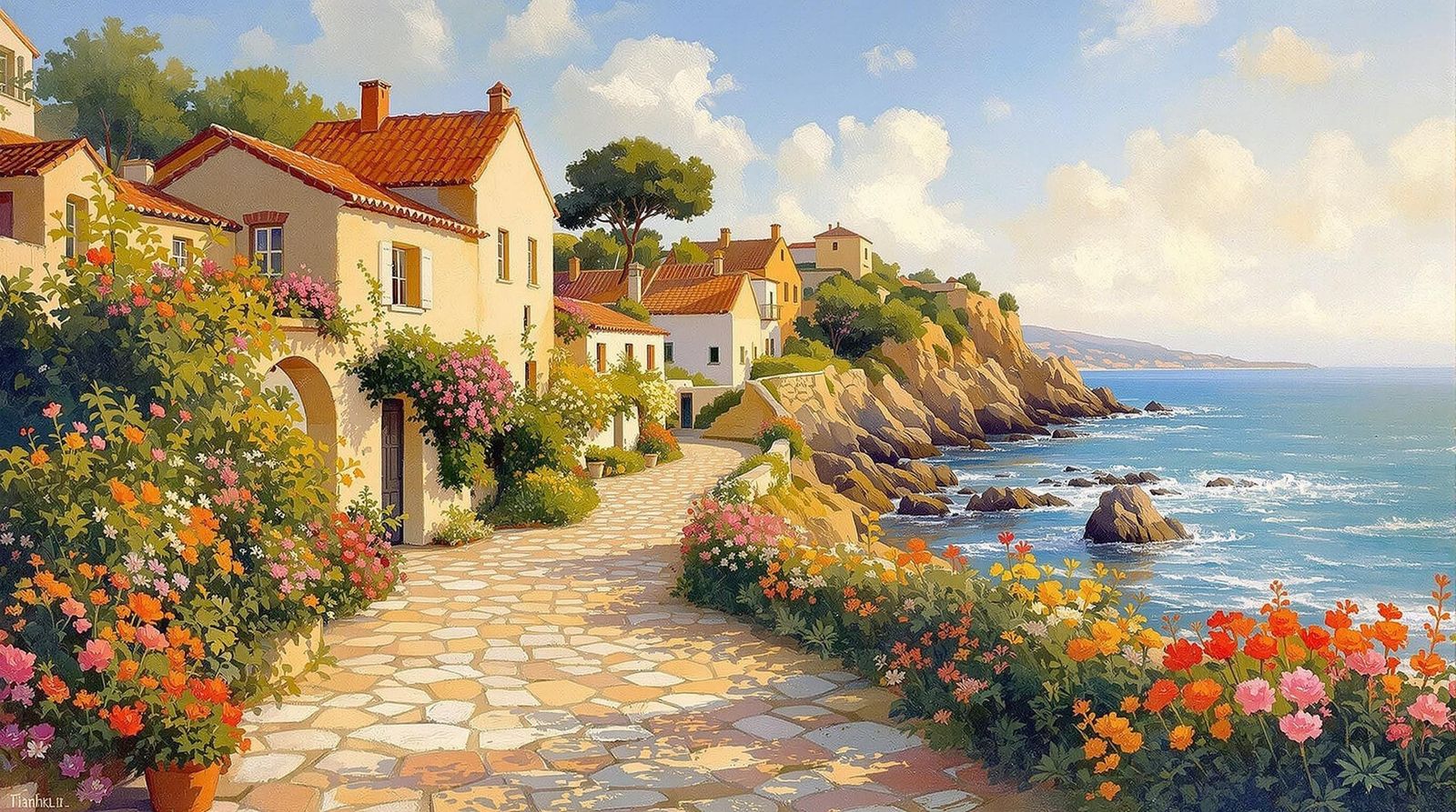 Coastal Village Oil Painting in Impressionist Style