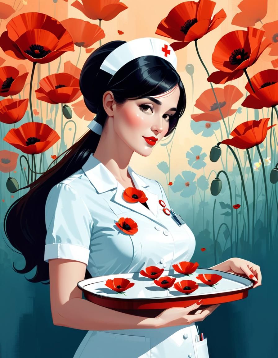 Pretty Nurse Selling Poppies: Digital Illustration