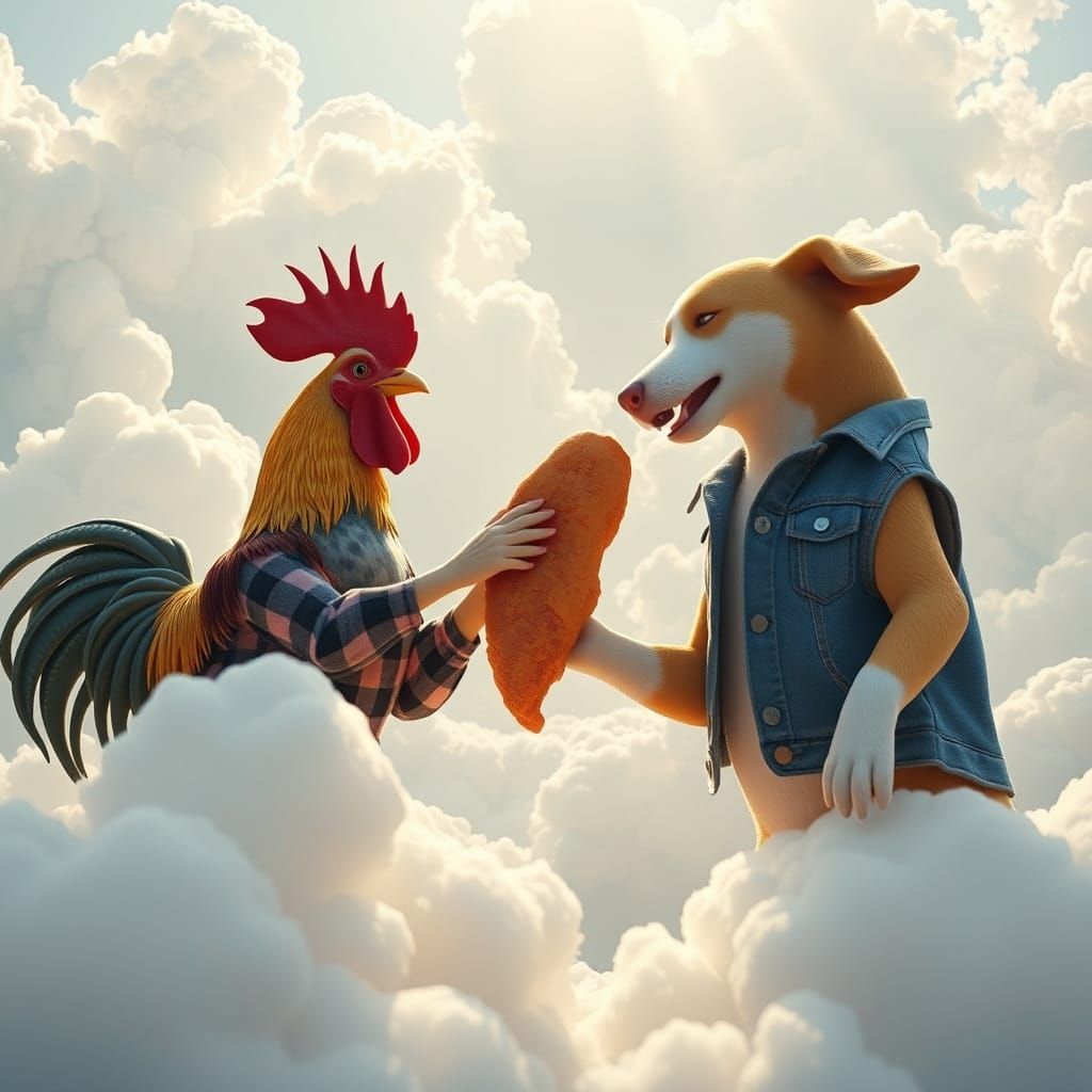 Rooster and Dog Fight Over Chicken Wing, 3D Render