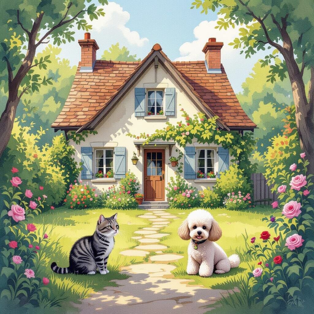 Charming Cottage with Pets in Impressionist Style
