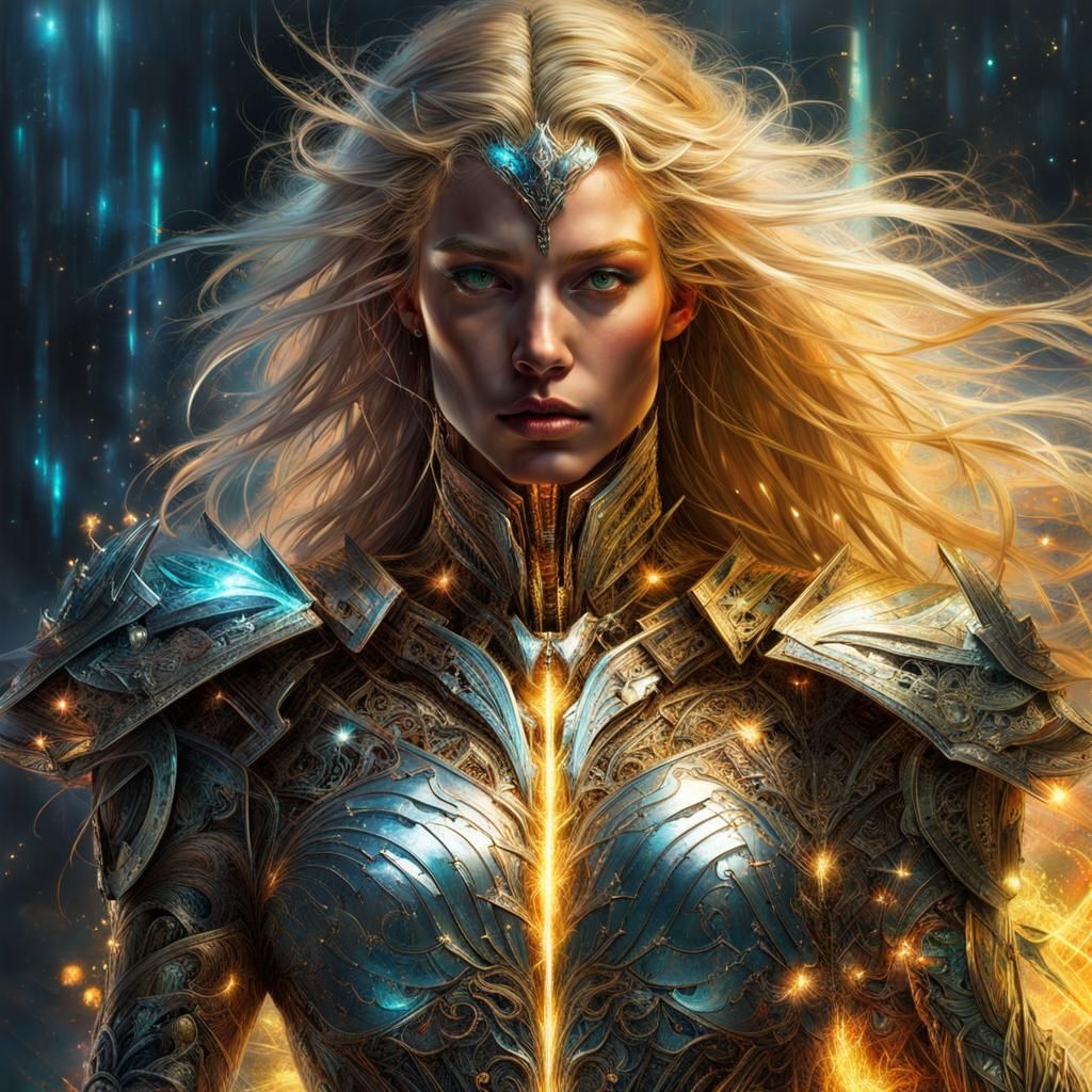 Muscular Warrior Goddess in Electric Silver Armor