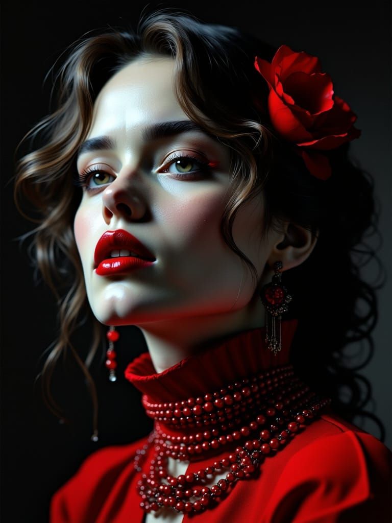 Woman with Red Pearls and Lipstick in Monochrome