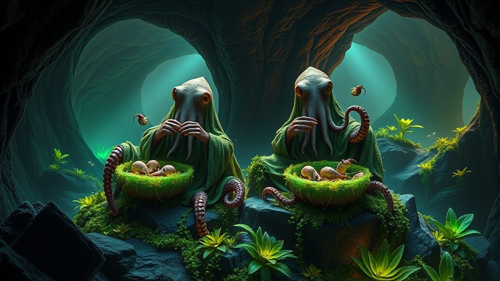 Anthropomorphic Octopi Feast in Bioluminescent Garden