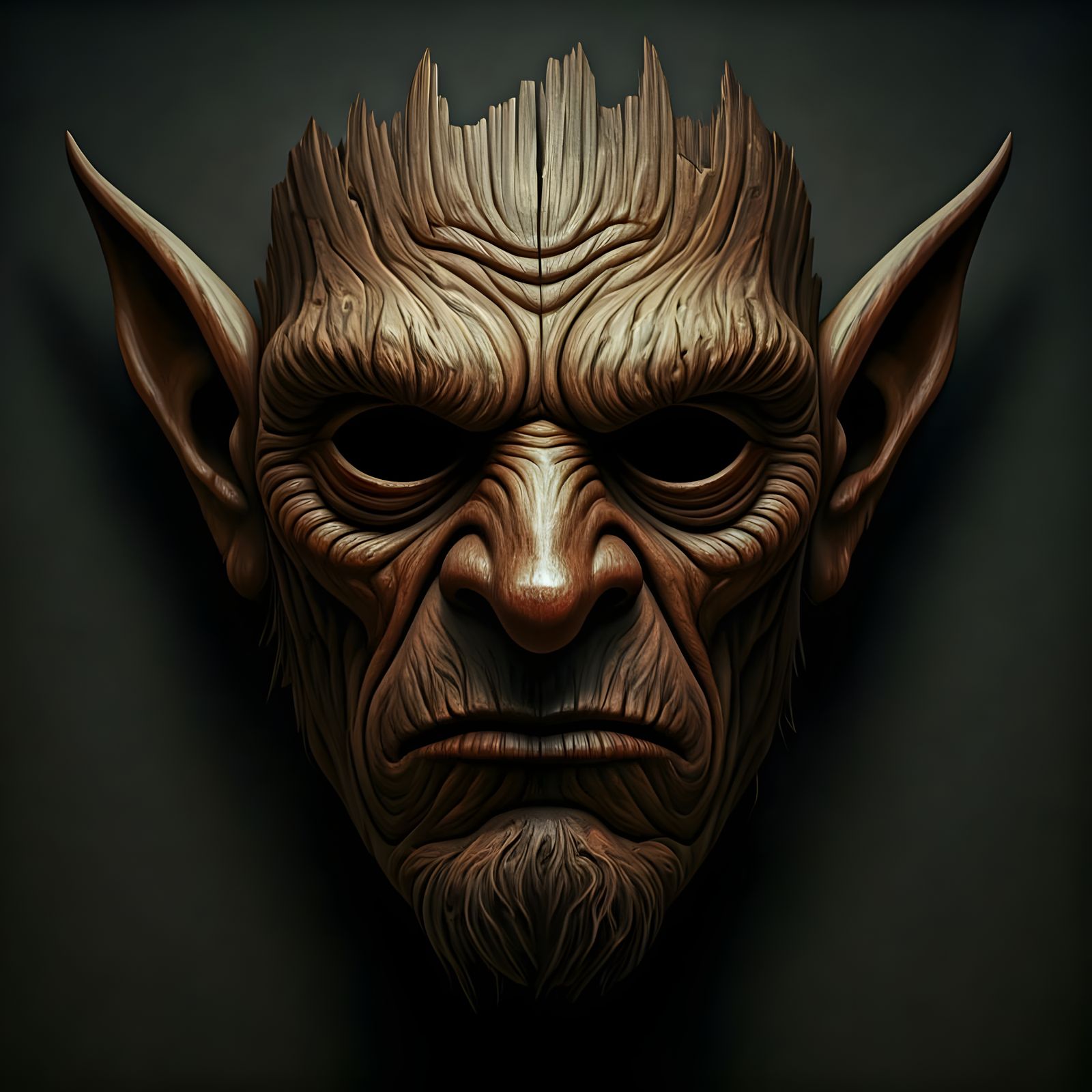Weathered Wooden Goblin Mask in a Dark, Mysterious Aesthetic