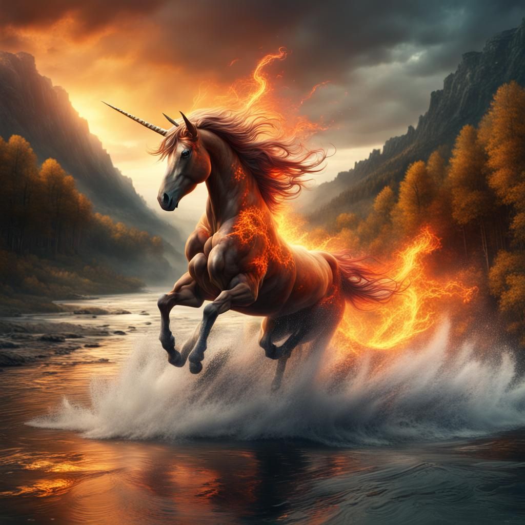 Fiery Unicorn Leaps Over River: Digital Matte Painting