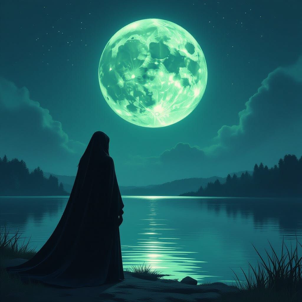 Mystical Woman by Lake Under Green Moon