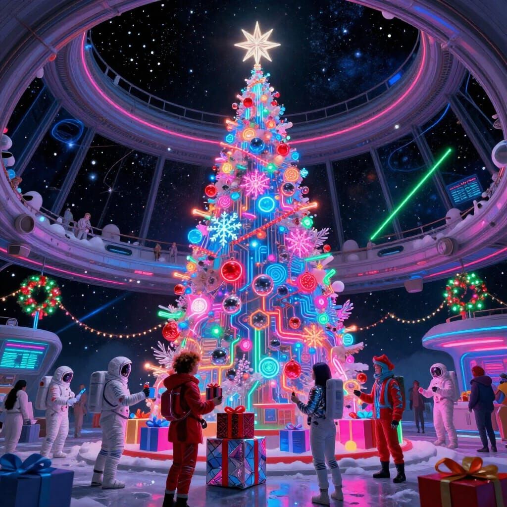 Retro Sci-Fi Space Station Winter Festival in Neon