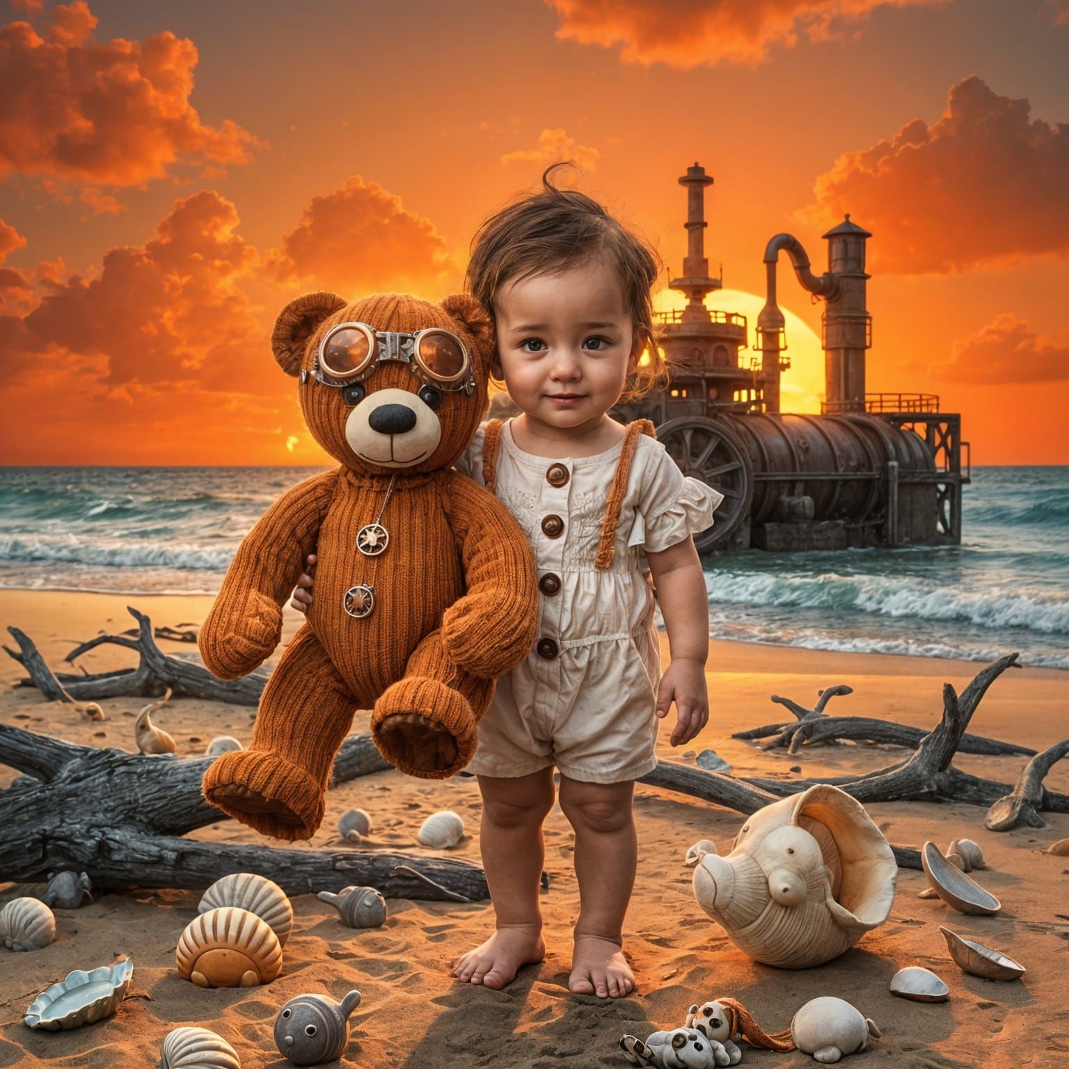 Steampunk Beach Scene with Baby and Giant Teddy