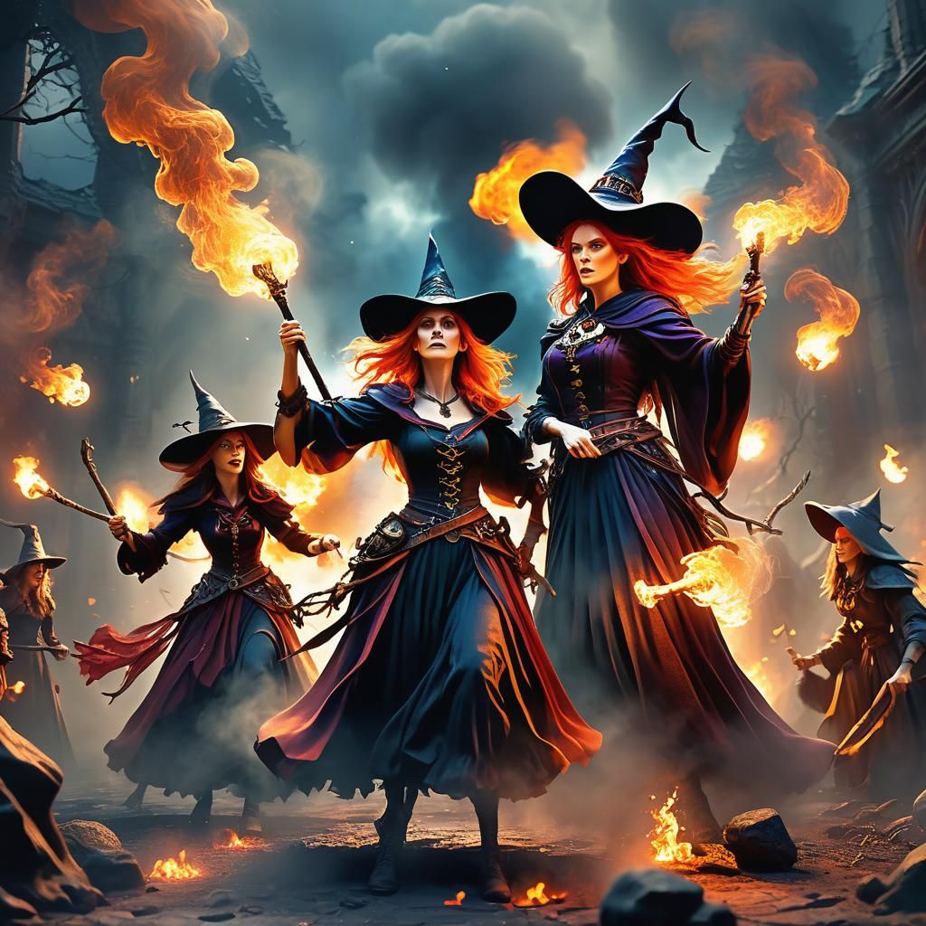 Witches Fight Back with Fiery Spell in 3D Render